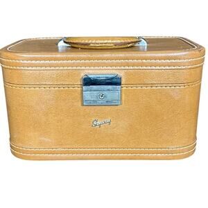 Skyway Vintage MCM Travel Train Cosmetic Vanity Case Tan Exterior